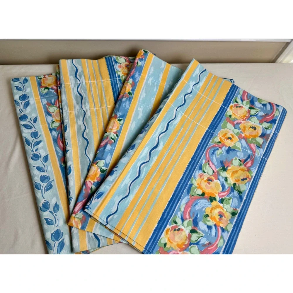 Croscill Vintage Fiesta Floral Stripe Valance Set 4 Blue Yellow French Country